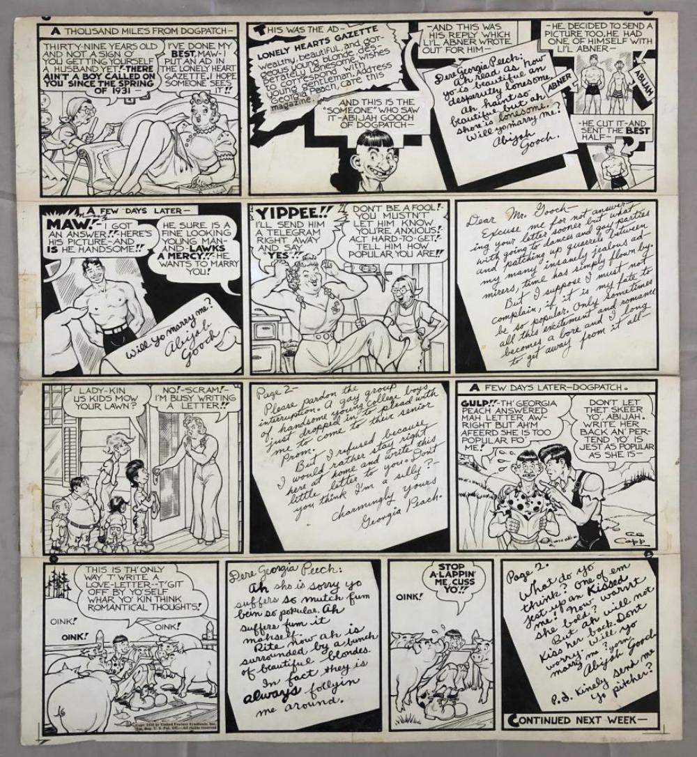 Al Capp. Lil Abner Sunday Page. 1938.: 20" x 22" Page is split into four strips and attached with tape on the back.