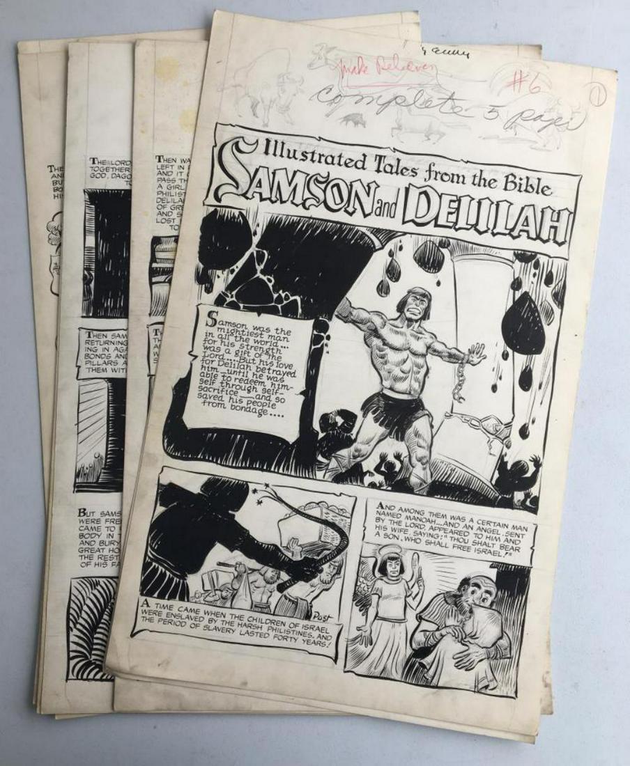Make Believe Comics. Baily Archive (2) Stories.: (10) Pages each story five pages includes. Illustrated Tales from the Bible. Samson and Delilah and David Goliath. 14 1/2" x 23 1/2" unsigned but appears to be by Howard Post.