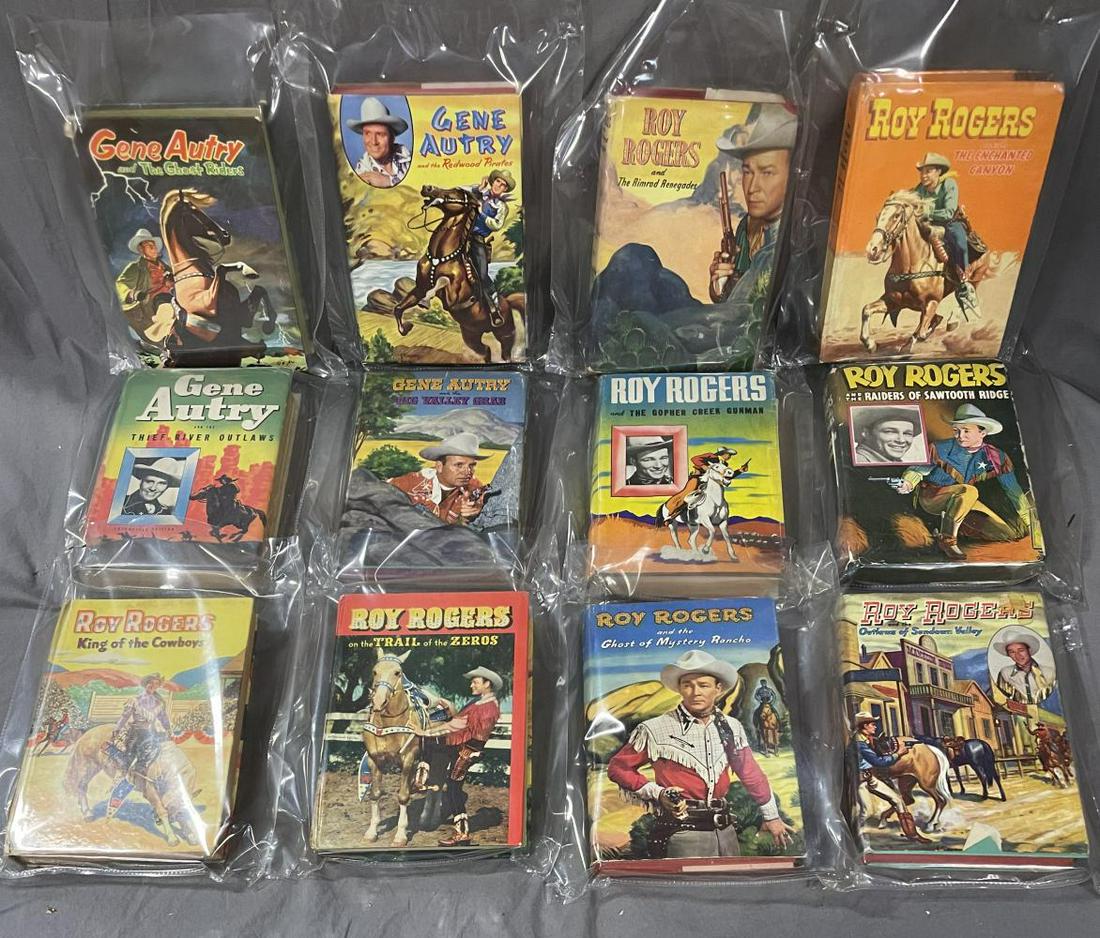 23 Hard Cover Western Theme Books: Includes Roy Rogers, Gene Autry, Lone Range, Holalong Cassidy and others. All are clean & bright, many have their dust covers. Examine.