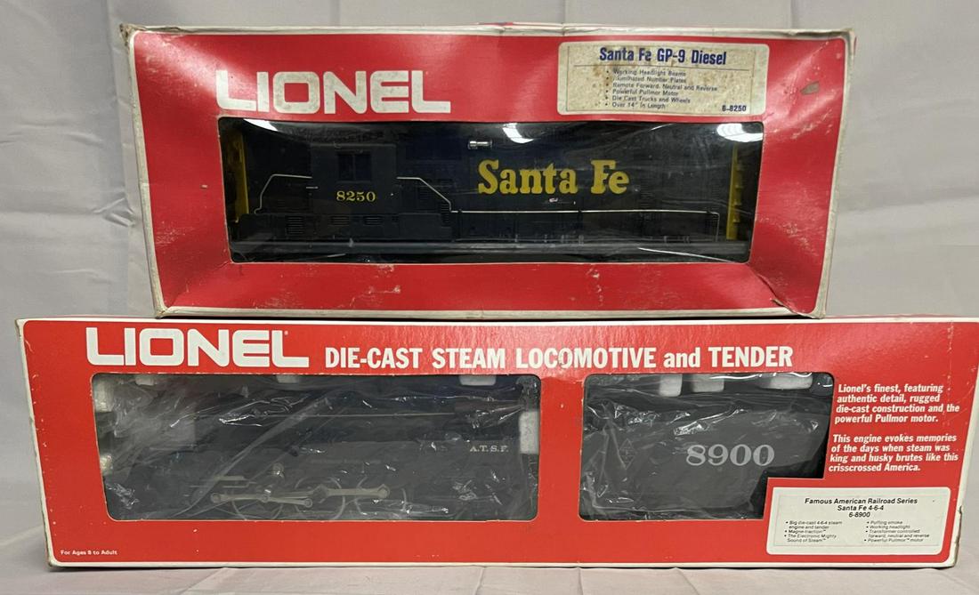 2 Lionel MPC Locomotives: Includes an 8900 ATSF FARR Berkshire; 8250 SF GP9 Diesel. They show light runtime with lightly shop worn boxes.