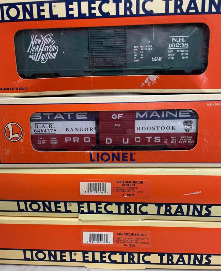 Lionel Modern Boxcars: Includes a 19276 Series V(Sentinel, C of G, Rutland); 19272 Series IV(B&A, PRR, SP); 16238 NYNH&H; 19285 SOM. Most appear test run with boxes and two master cartons.
