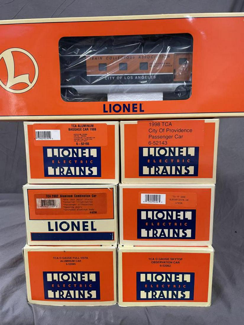 7 Lionel TCA Aluminum Passenger Cars: Includes 52274 RPO; 52155 Baggage; 52250 Combine; 52085 Full Vista; 52143 Coach; 52186 Diner; 52062 Observation. All show light use with boxes.