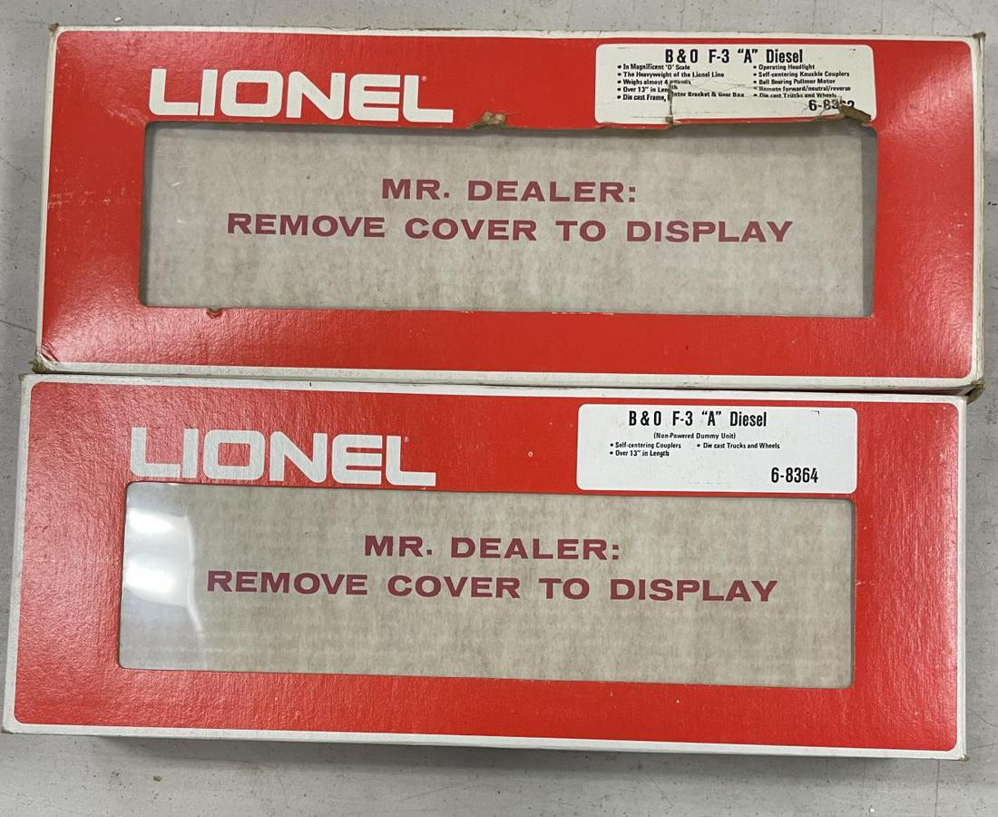 Boxed Lionel MPC 8363/8364 B&O F3 AA Diesels: 1st reissues of Lionelâ€™s Iconic diesels. They are like new with clean boxes and intact display panels.