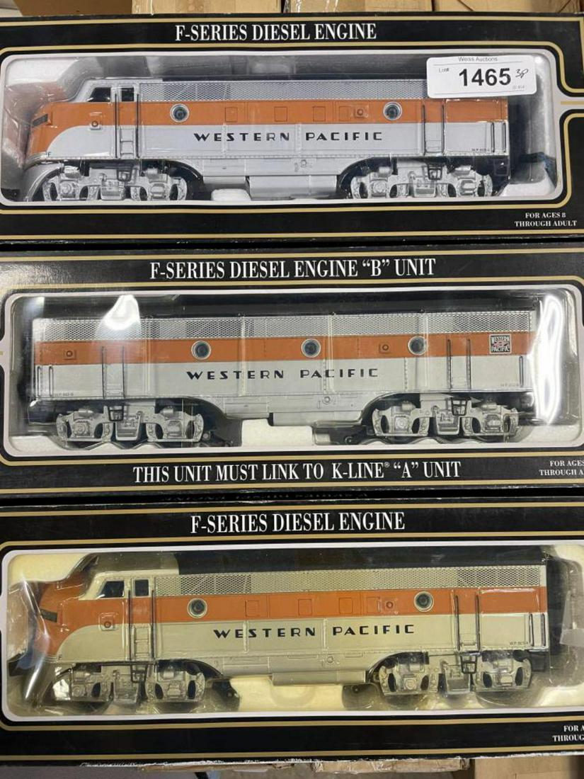 K-Line Powered WP F3 ABA Diesels: Nice 3 powered diesel set, all dual motor with the B-unit having a horn. They show light run time with boxes.