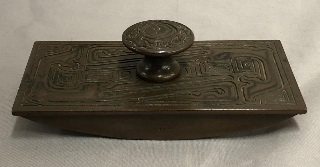 Tiffany Studios "Chinese" 1760 Rocker Blotter: Signed Tiffany Studios New York 1760. Approx. 5-1/2" x 2-3/4". From the Chinese pattern. Shows some edge/corner wear. See images