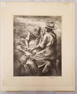 Joe Jones Lithograph, "Missouri Wheat Farmers": Original lithograph by Joe Jones (American 1909-1963), titled "Missouri Wheat Farmers". Pencil signed lower right. Image size seen approx. 10" x 8", sheet size approx. 11-1/2" x 13-1/2". Areas of ligh