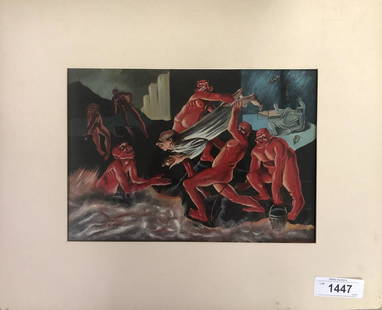 Leonard Everett Fisher (Born 1924) Gouache.: Fabulous illustration done when the Artist was in Art School. Dated 1947 signed lower left and on the back. 8 1/2" x 13" depicts a man having a nightmare surrounded by demons. From the Estate of Artis