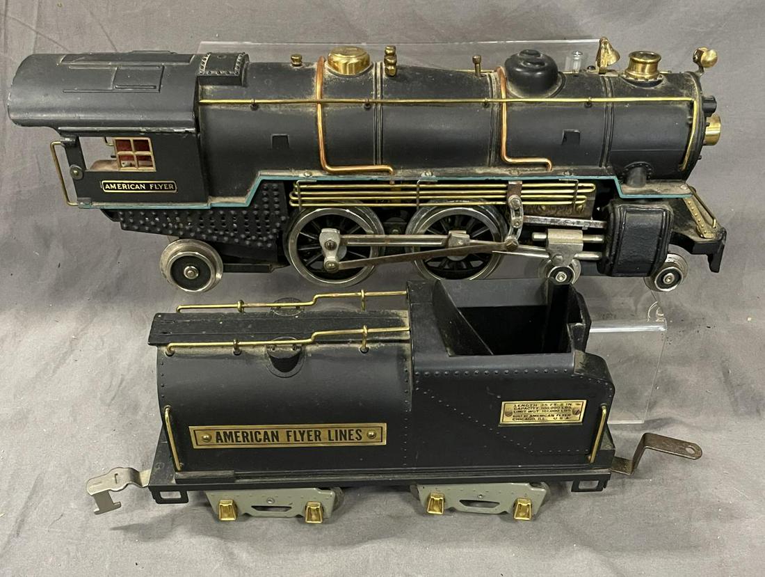 Restored American Flyer 4694 Steam Locomotive: Standard Gauge. Nicely done with matching 4693 tender. Casting appear solid, just a bit matte, for an accurate restoration. Needs a good cleaning.