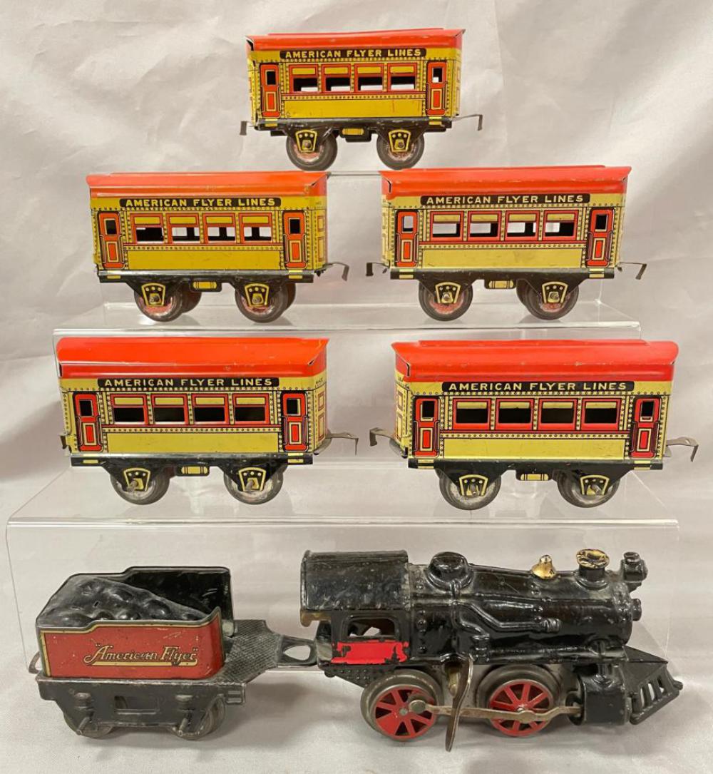 American Flyer Champion Set: Includes an 11 steam loco, mechanism not functional with key; 119 tender; 5 #515 Coaches. All would benefit from a cleaning, but show light play wear.
