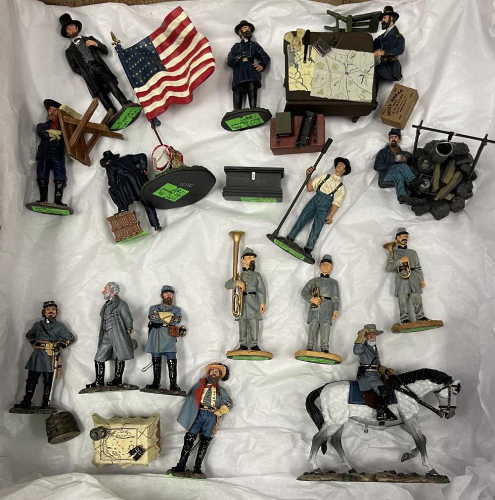 King & Country US Civil War Soldiers: Includes Union Holo Ground 9pc set; Custer; Grant leaning over table; Pres Lincoln, Soldier at camp fire, Artillery man; Confederate Lee and His Generals 5pc; Mounted Lee; 3pc North Carolina Band figu