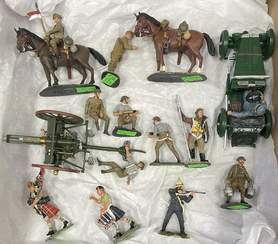 15pc King & Country British Soldiers Group: Includes an MG K3 Sports car with Fighter pilot; 5pc Artillery crew; 2 Lancers, one mounted, other feeding horse; Climbing Pilot; Drummer & Piper, Caring rations & Police marksman. From The Estate Col