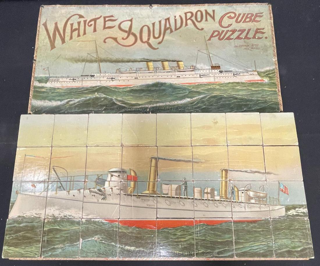 Scarce 1890s McLoughlin Bros, White Squadron Cube: Great block puzzle, 21inch long, with assembled image of the USS Cushing Torpedo Boat, from Simon Lake Submarine Co, Bridgeport, CT. Box top shows the USS 12 Pirate. Blocks are in much better conditio