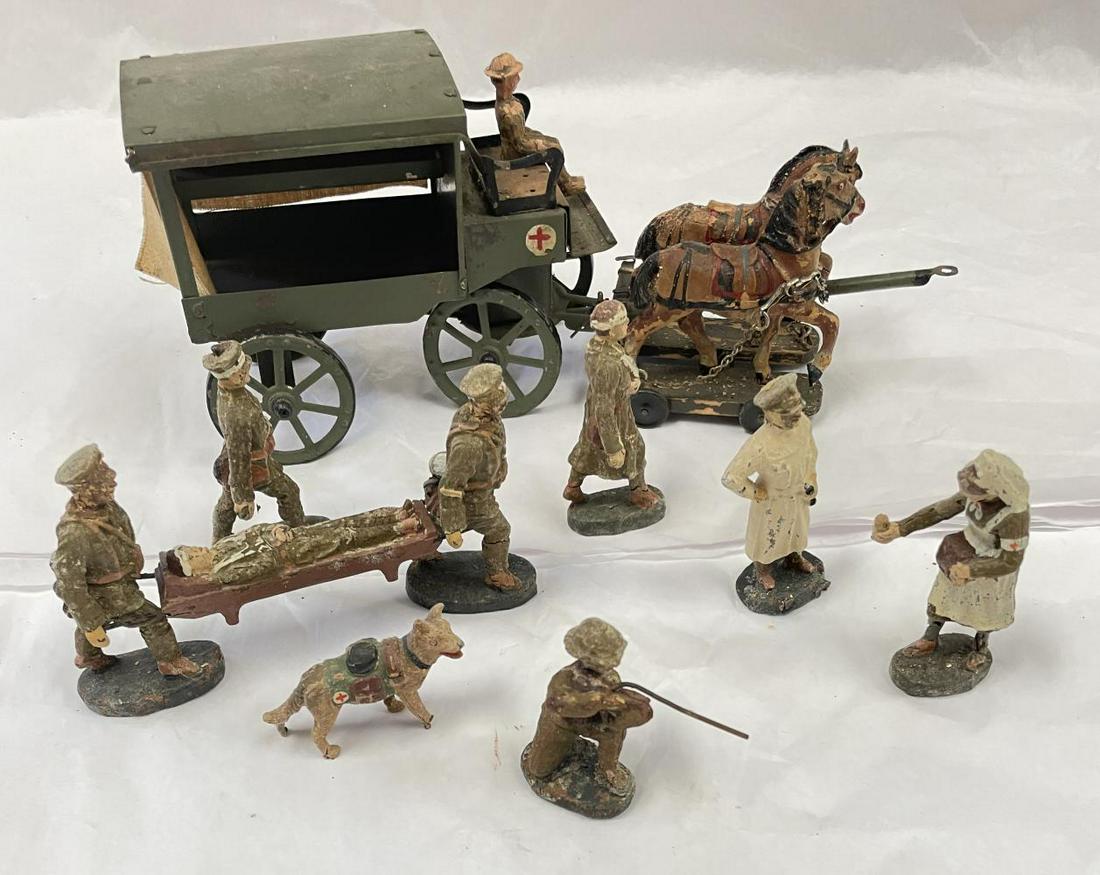 10pc Elastolin Composition Soldiers: Includes a Horse drawn Ambulance; Stretcher Bearer Set with medic; walking wounded, Nurse & Doctor, Rescue Dog, soldier shooting. Several show wear, so examine photos closely for description. From The