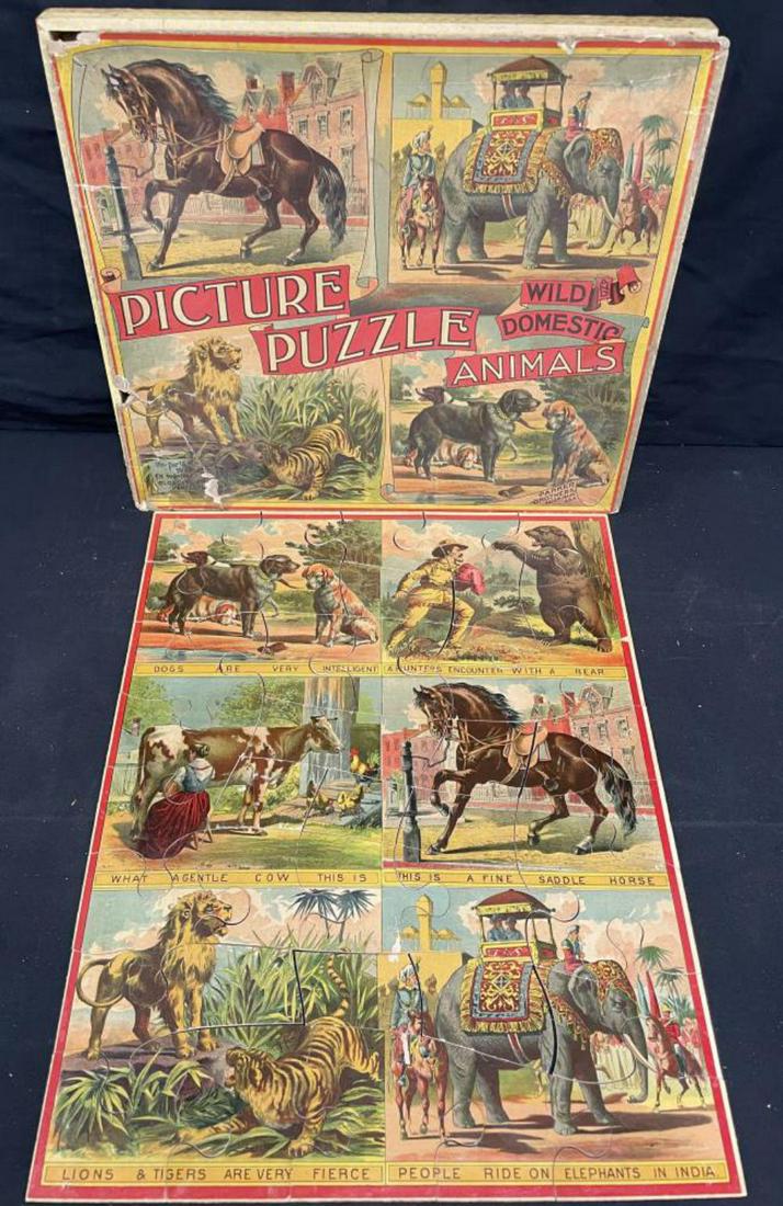 Boxed 1890s Parker Bros Wild & Domestic Animals: Approx 16X20inch built. Has nice box graphics on a repaired and incomplete box top. puzzle is complete, bright & colorful.