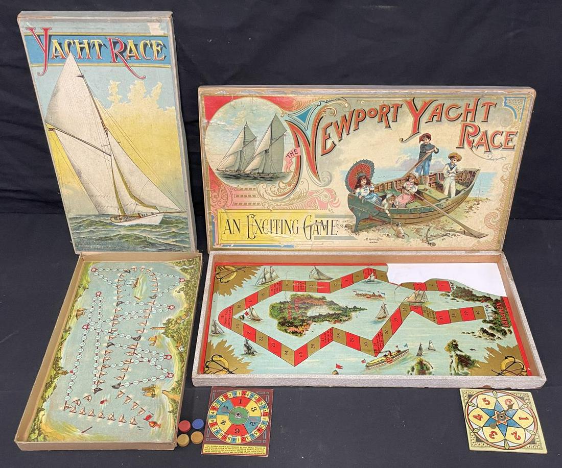 2 Early Yacht Race Games: Includes a 1905 Milton Bradley Yacht race, with spinner and 4 wood game pieces; 1890s McLoughlin 20inch Newport Yacht Race with super box graphics, inner board is incomplete with spinner only.
