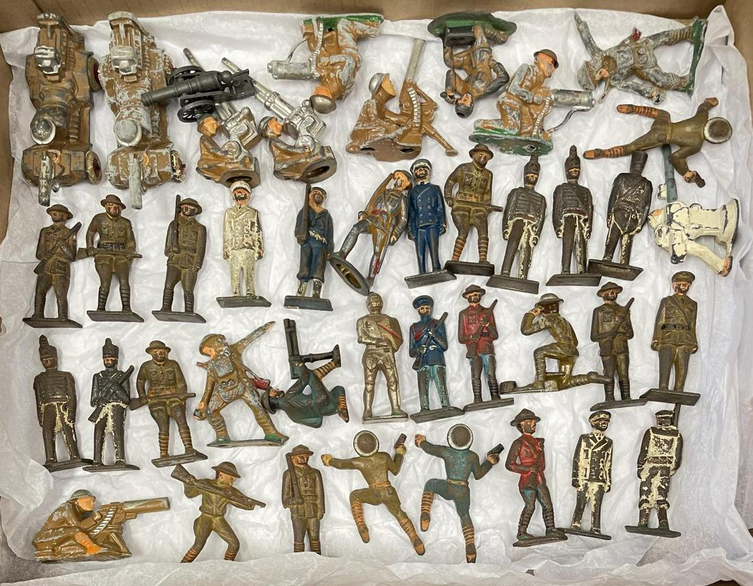 40+ Dimestore Soldiers For Restoration: Most are Gray Iron, but a few Manoil & Barclay examples with 2 vehicles. Most are restoration candidates. Examine. From The estate Collection of Ken Davies. Some of these pieces may have been used as 