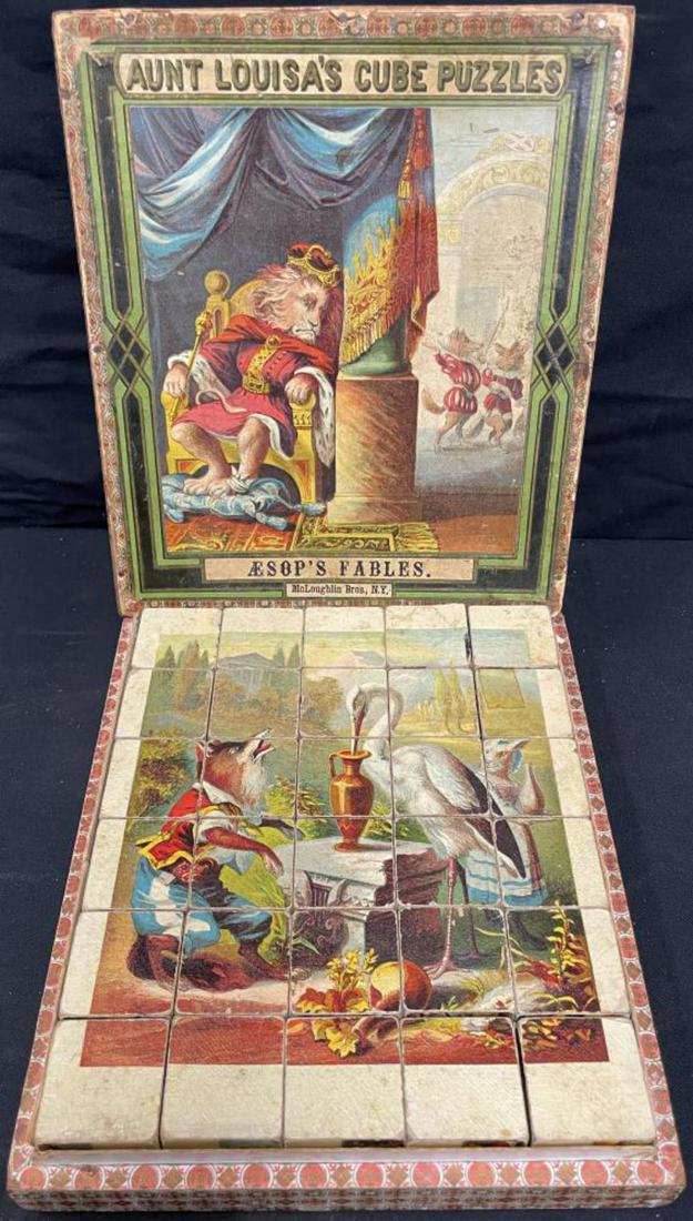 McLoughlin Aunt Louisas Cube Puzzle, AEsops Fables: Super box graphics, 92% paper litho intact on box, puzzle pieces are clean, but noticed 1 panel blank on one cube, may be others. Color is bright.
