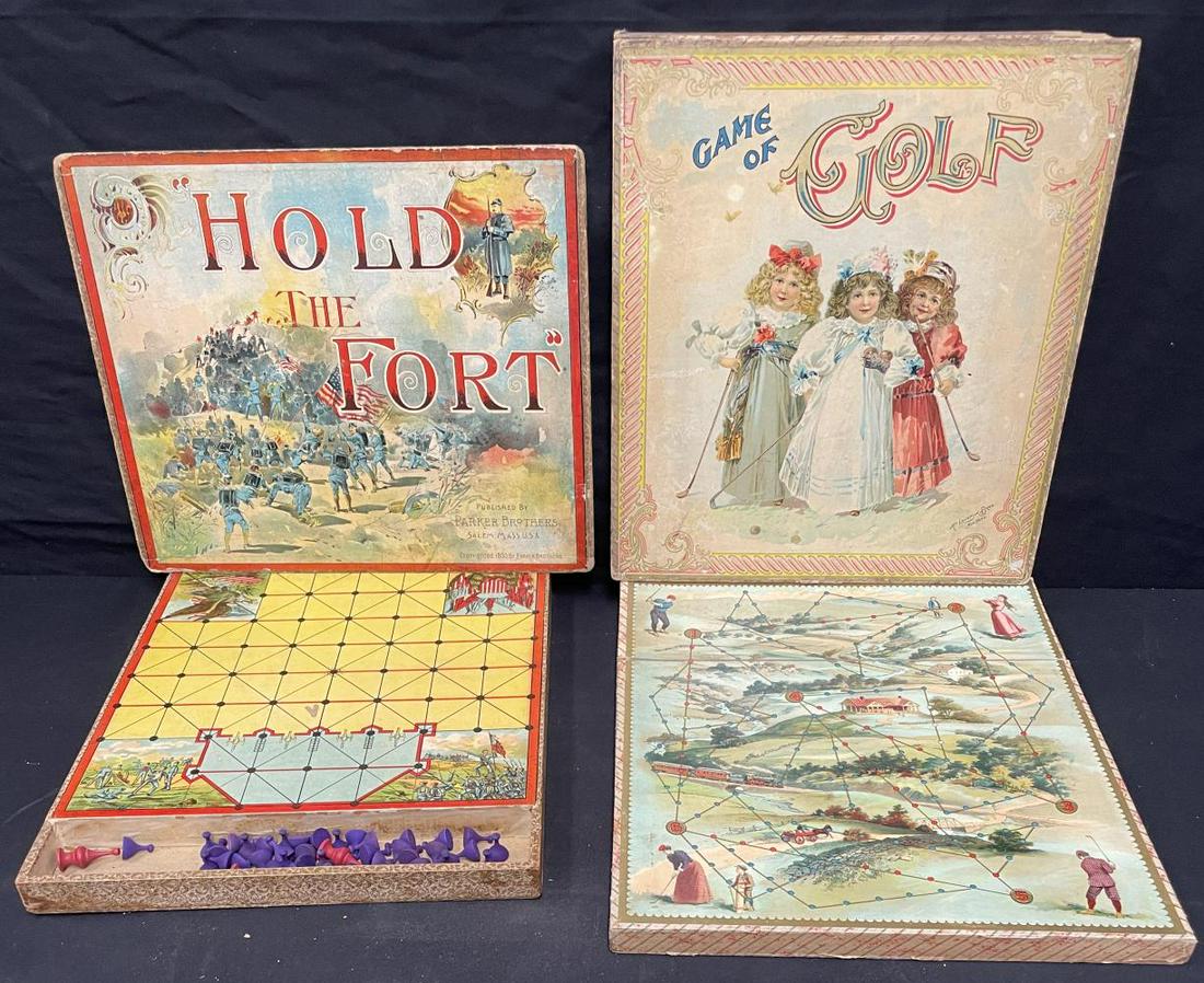 2 1890s Early Board Games: Includes 1895 Parker Bros Hold The Fort with nice box graphics, no top sides; appears to have most wood game pieces; 1896 McLoughlin Game of Golf. Bright box graphics, top missing most sides; Includes