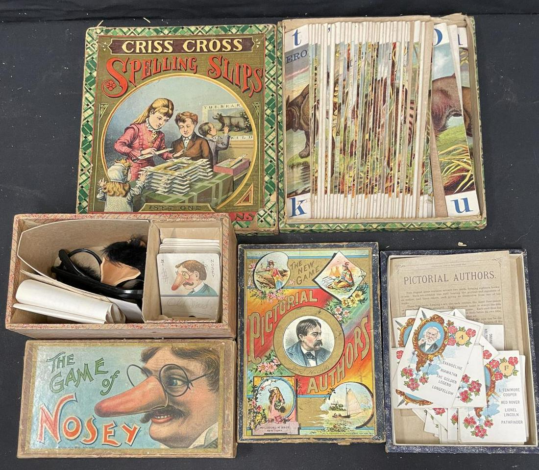 3 Early 1900s Vintage Board Games: Includes McLoughlin The Game Of Nosey, nice box graphics, top corners taped. Replaced nose glasses with many cards; 1890s McLoughlin Spelling Slips with great box graphics, top missing sides; clean br