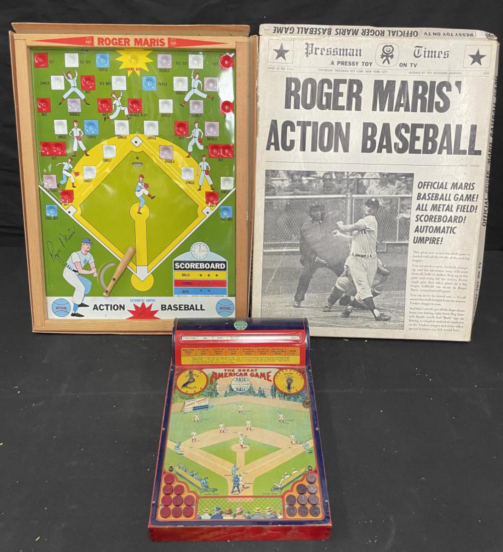 2 Early Tin Baseball Games: Includes 1962 Roger Maris Action Baseball with wood & tin game board with spring loaded bat, no game pieces with worn box; 1923 Frantz The Great American Game with all game pieces and functional dial 