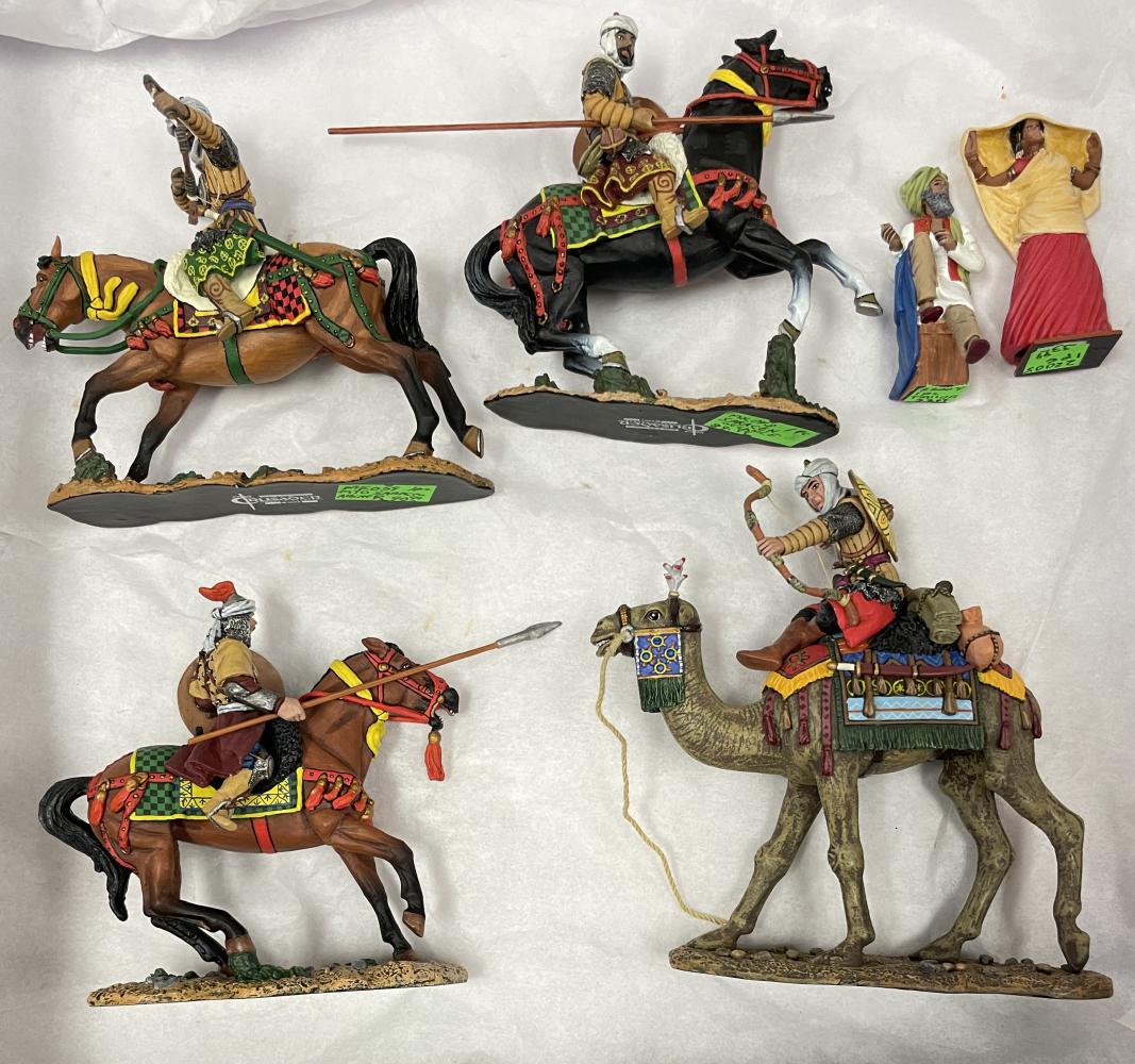 6pc King & Country Middle Eastern Soldiers: Includes Mounted Saracen Archer, 2 Lancers on horseback; Archer on Camelback; Taylor with model. All appear like new. From The estate Collection of Ken Davies. Some of these pieces may have been used 