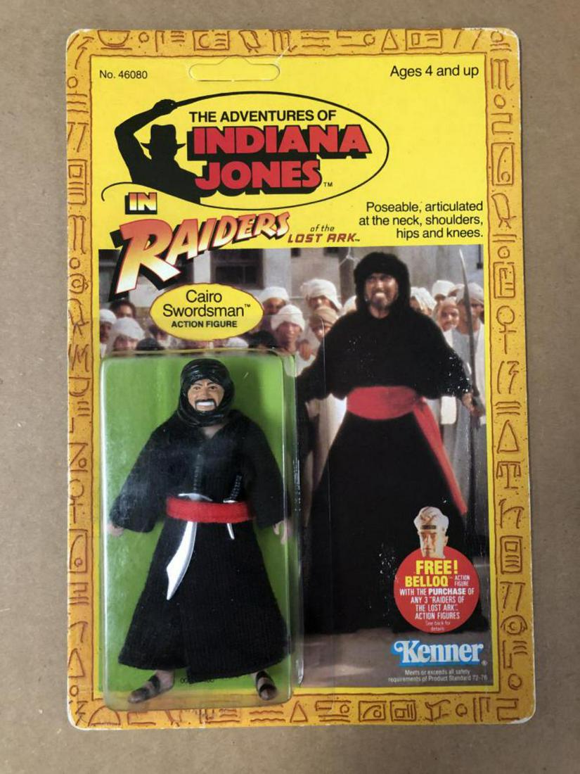 1982 Unpunched MOC Indiana Jones Cairo Swordsman: Adventures of Indiana Jones in Raiders of the Lost Ark, Unpunched, mint on card action figure of "Cairo Swordsman". Figure has never been removed and bubble is well attached to the card with very ligh
