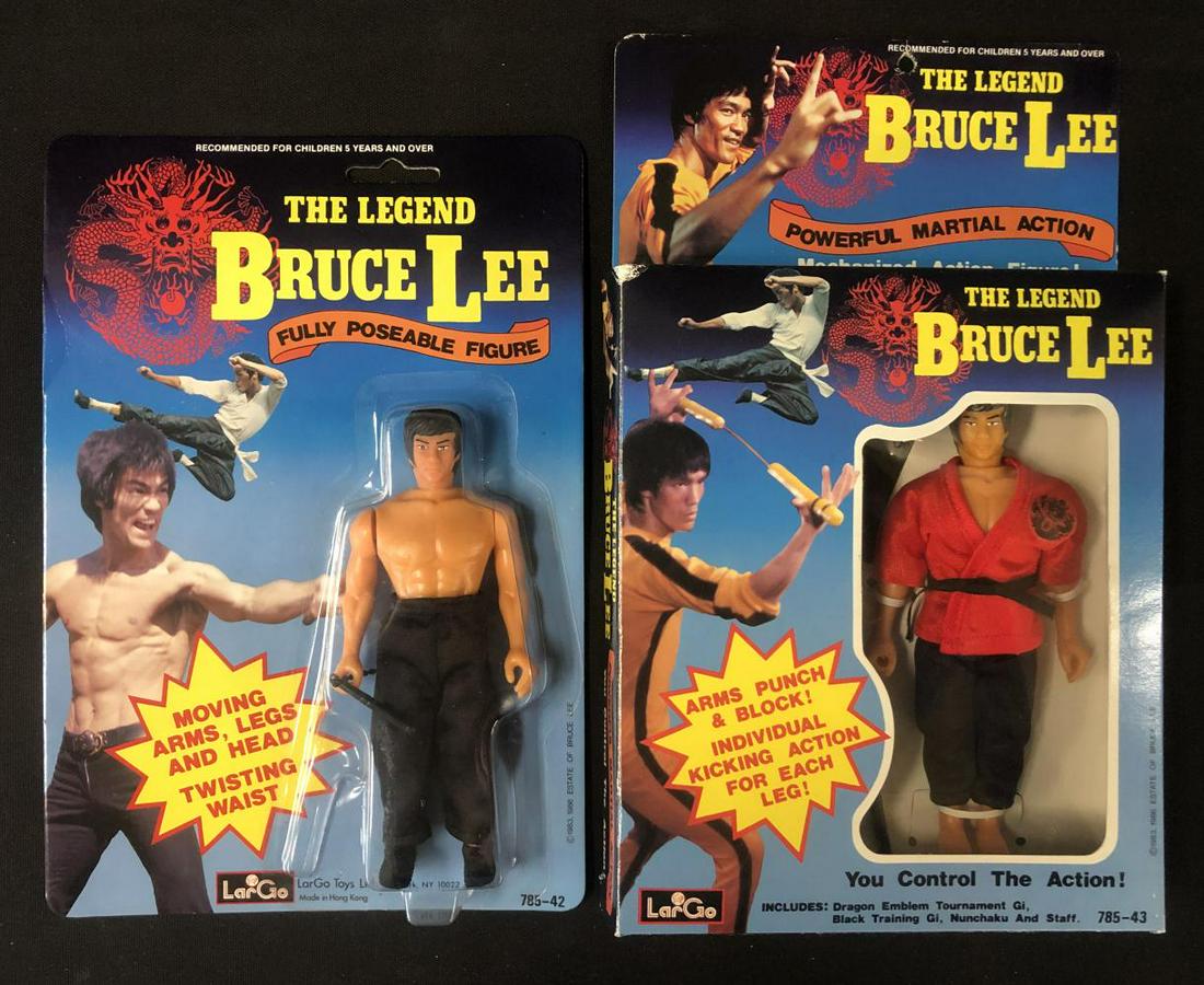 (2) Legend of Bruce Lee Action Figures, Brand New: Lot of 2, Mint in Package, Legend of Bruce Lee action figures by LarGo, 1986, Made in Hong Kong. The boxed figure is opened box on both ends, however figure and accessories appear to have never been r