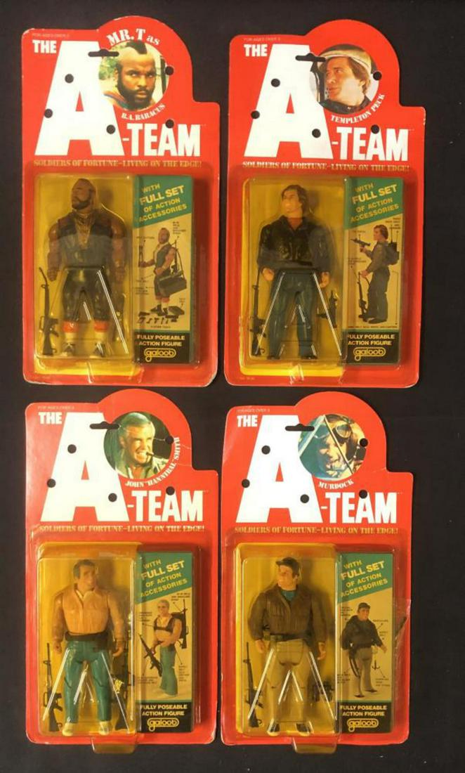 1983 MOC, Set of A-Team Action Figures, Galoob: Lot consists of a set of (4) Mint on Card, "A-Team" action figures by Galoob, 1983. Includes Mr. T (B.A. Baracus), Murdock, John Hannibal Smith, and Templeton Peck. Blister on each is well attached to