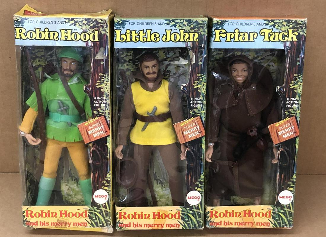 1974 Boxed Mego Robin Hood & Merry Men, Lot of 3: Lot of 3, Robin Hood and His Merry Men action figures by Mego, 1974. Includes Robin Hood, Friar Tuck, and Little John. Each is in opened box, all are complete with accessories. All show some light sig