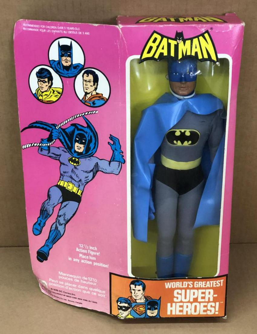 1976 MEGO WGSH Batman 12.5" Figure, Mint In Box: Vintage and Original, "Batman", 12.5" action figure, World's Greatest Super Heroes, by Mego, 1976. Figure is mint in opened English/French box. Tape at both ends has been cut. Figure is still tied to 