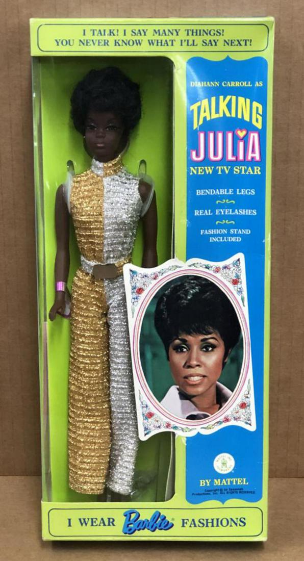 1969 NRFB Diahann Carroll Talking Julia Doll: Never Removed from the Box, Diahann Carroll as Talking Julia doll by Mattel, 1969. Box is still sealed. Box shows light wear with some light crushed spots.