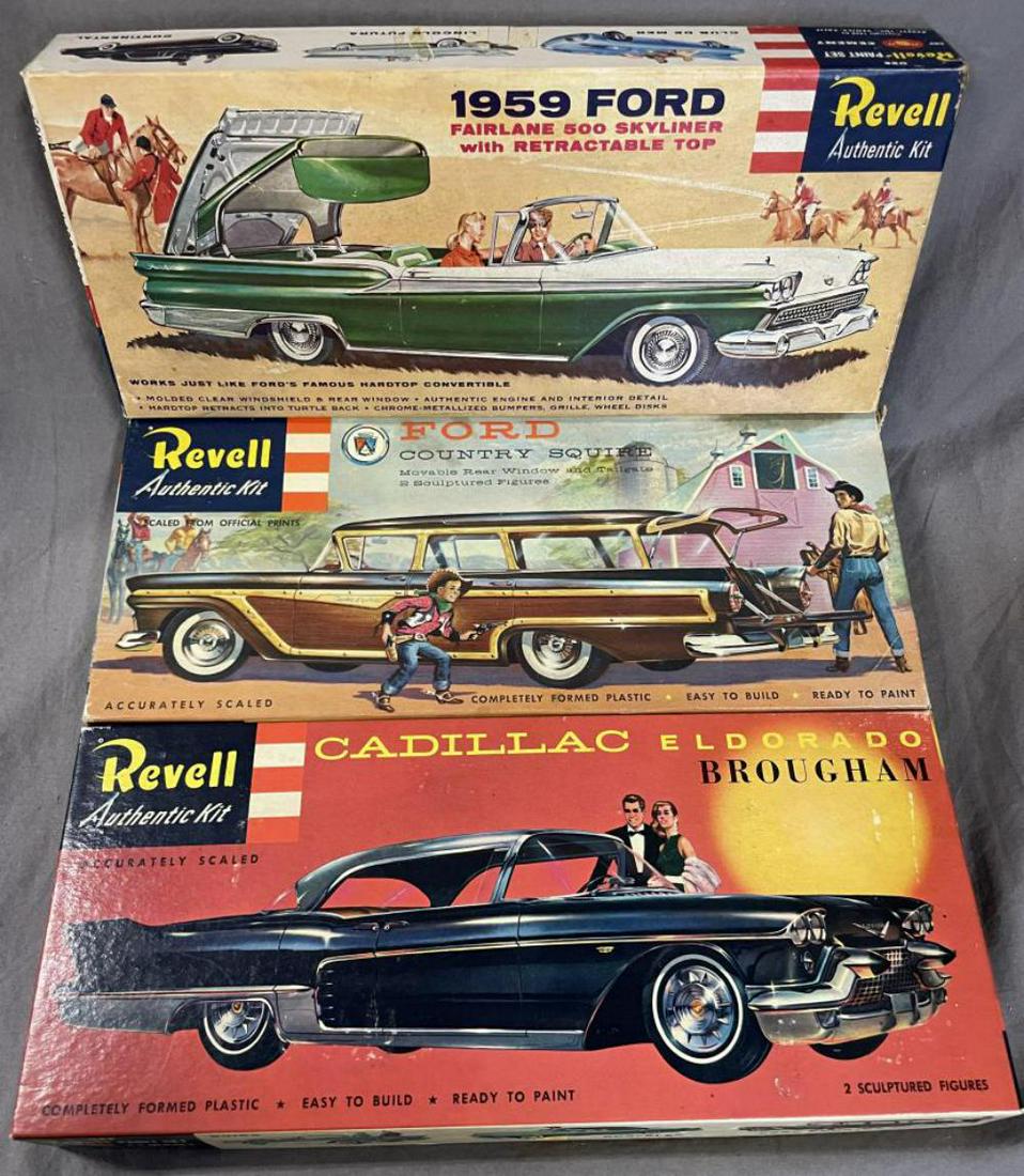 Three 1950s Revell Automobile Model Kits: Includes 1957 #H1214 Cadillac El Dorado Brougham; 1957 #1220 Ford Country Squire Wagon(nice western Theme box art), missing cement tube; 1958 #H1227 Ford Fairlane 500 Skyliner. All otherwise appear li