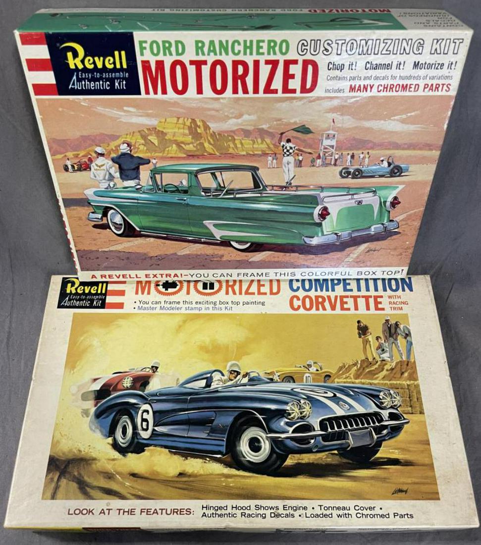 2 Scarce Vintage Revell Motorized Automotive Model: Includes a 1960 #H1241 Ford Ranchero Customizing Kit, parts sealed in bag; 1961 #H1243 Competition Corvette with Racing Team, parts sealed in bag. Boxed show light wear
