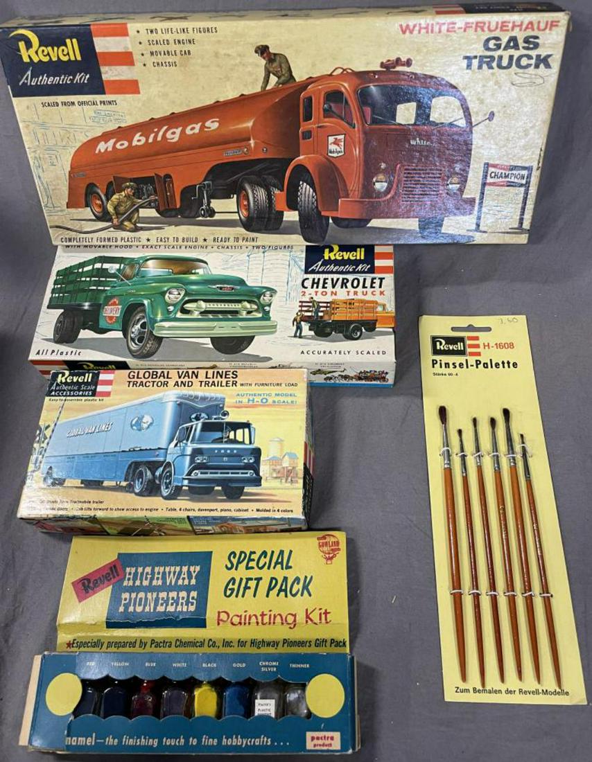 3 Vintage Revell Truck Model Kits, Plus: Includes a 1956 H1402 Mobilgas Tanker, no cement tube; 1955 H1401 Chevy 2-Ton Truck; 1960 T6018 Ford CO Global Van Lines Kit. All parts bagged or on spru; Plus a Revell H1608 Brush assortment and a Re