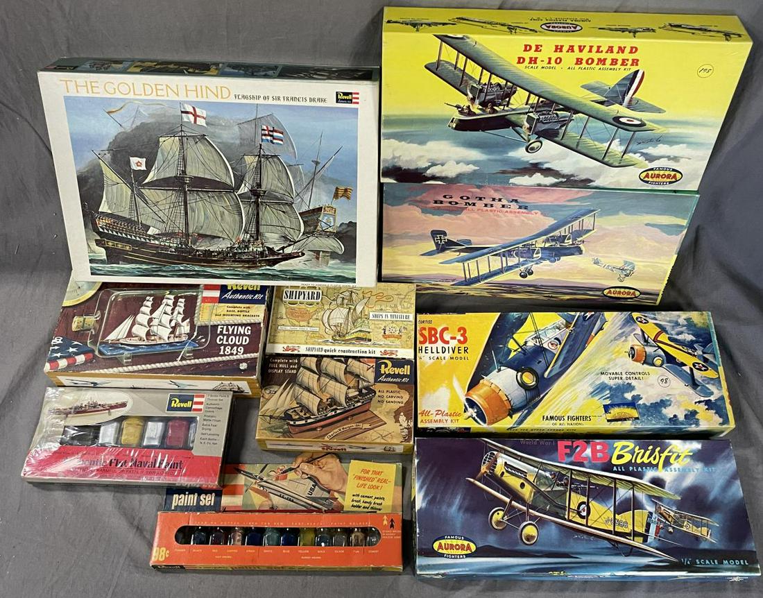 10pc Aurora & Revell Ship & Plane Model Kits, Plus: Includes 1958 Aurora Bi-Plane kits 113, 117, 125 & 126, all appear like new, some consignor collated in bags. They appear complete with nice boxes; 4 Revell Sailing Ship kits H324, HB415, H416, 309SB,