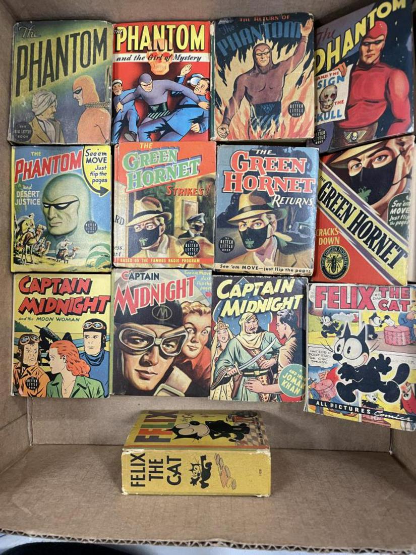 13 Vintage Big Little Books, Phantom, Green Hornet: With Captain Midnight and Felix The Cat. All clean with great covers. Some yellowing of pages and spine wear.