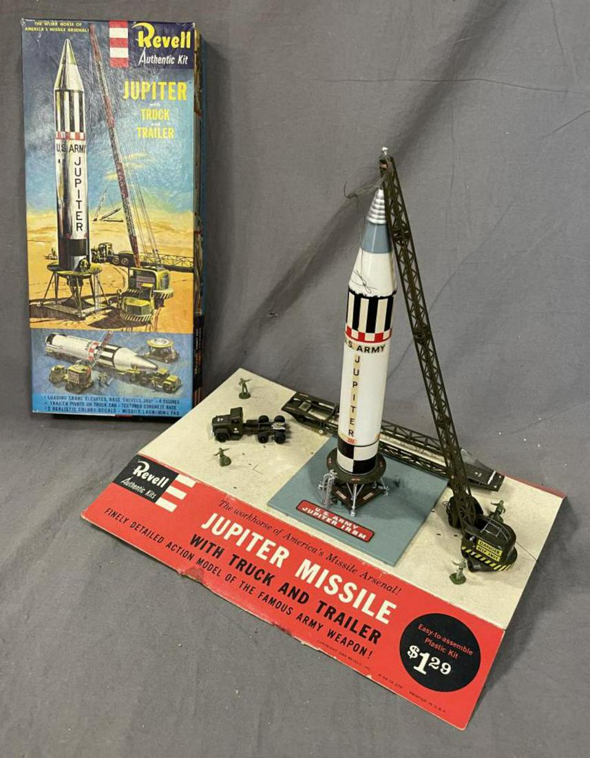 1958 Revell Jupter Store Display Set: Scarce factory built-up Jupiter with Truck & Trailer. Parts are mounted on cardboard display, though some have come loose. It includes a NMINT H1824 Model Kit. WOW!