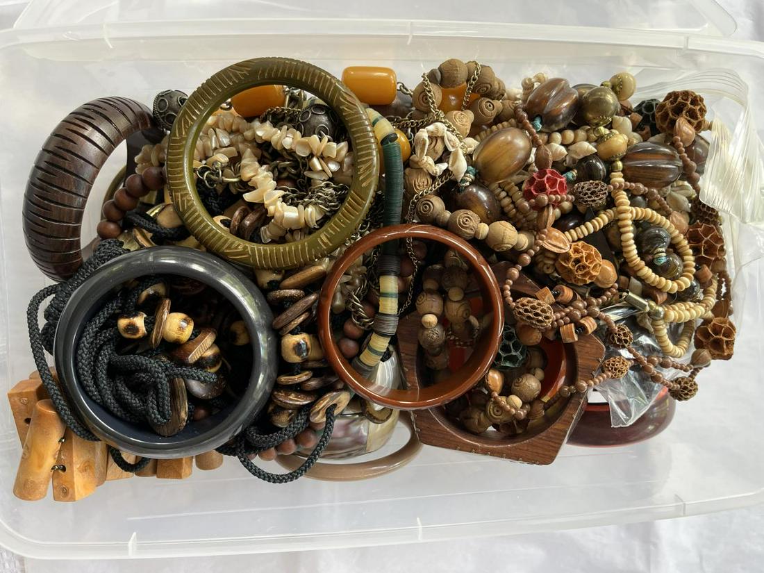 Estate Costume Jewelry Lot.: Tub full includes Bakelite Bracelets, Fashion Necklaces, Pins, Bracelets includes hand painted etc. See images for details.