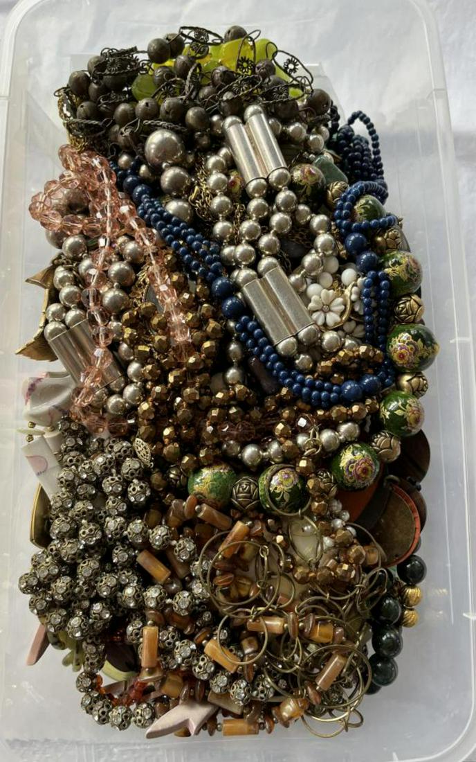 Estate Costume Jewelry Lot.: Tub full includes Earrings including Sterling, Bakelite Beaded Necklaces,Necklaces including Trifari, Enamel, Coro etc. See images for details.