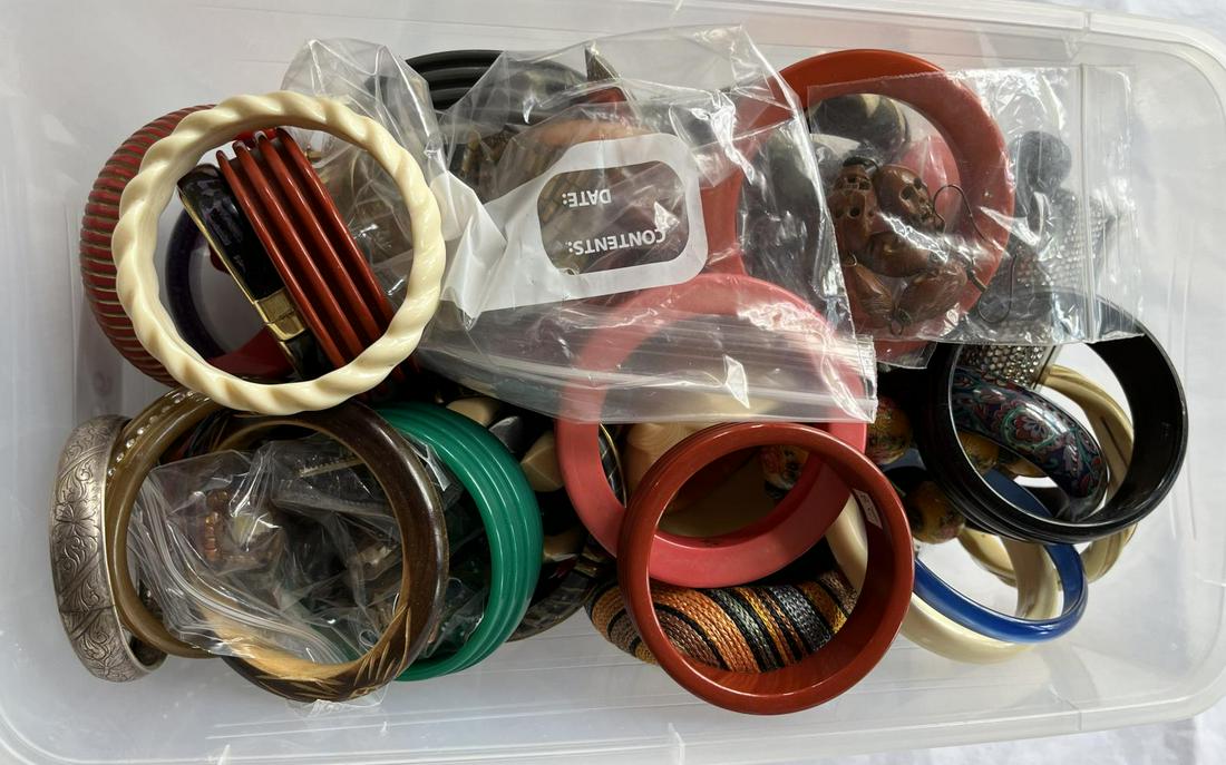 Estate Costume Jewelry Lot.: Tub full includes Acrylic Earrings, Chinese Carved Turquoise Nugget Bracelet, Bracelets, Earrings including Siman, Tu, Hobe & Renoir, Judith Leiber Compact etc . See images for details.