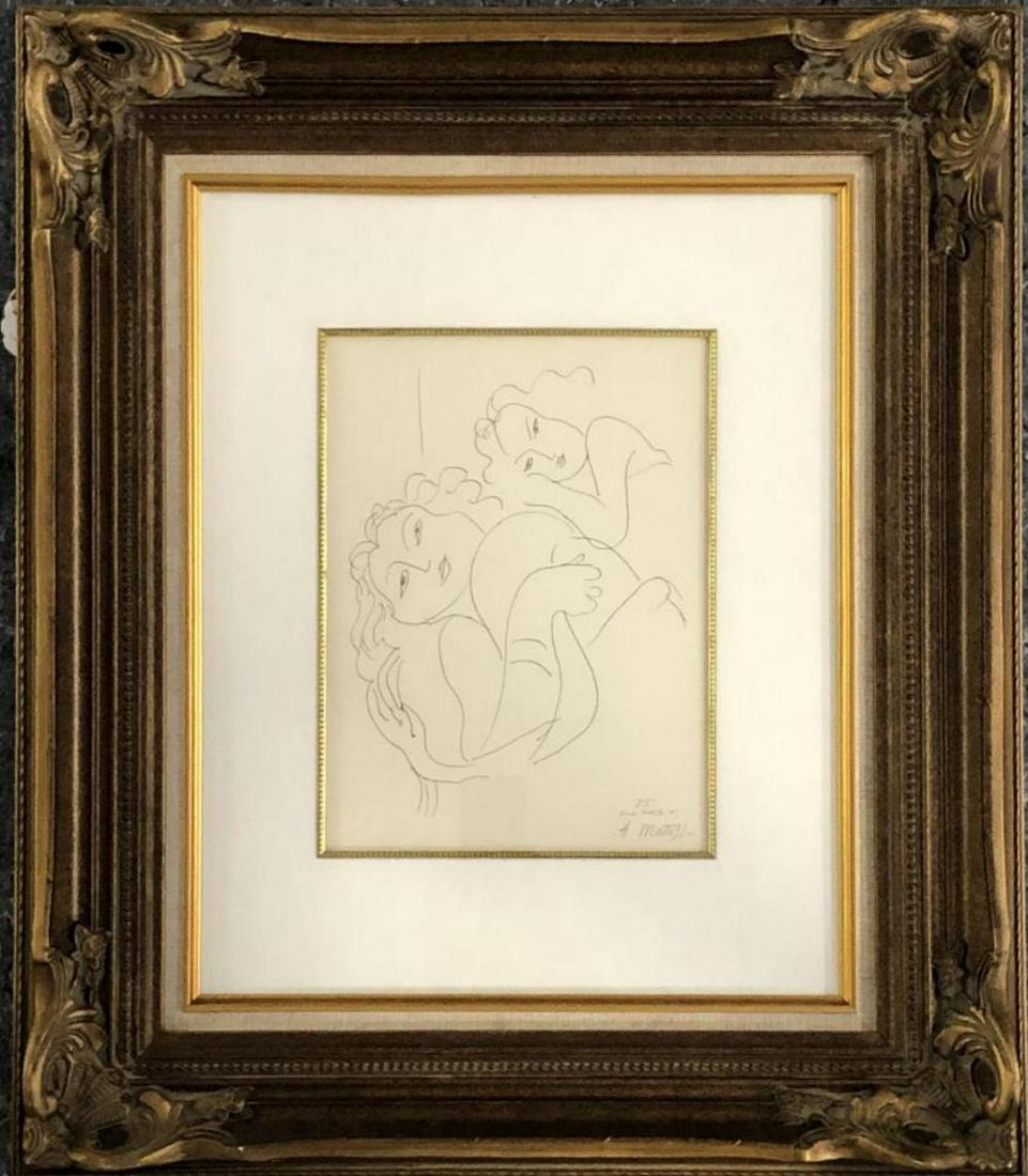 Henri Matisse, Hand Signed Lithograph: Original lithograph by Henri Matisse (1869-1954). Untitled. Hand signed in pencil lower right, also plate signed 1941, and marked "E5" in the plate. Sight seen approx. 9-1/4" x 12-1/4", overall frame 