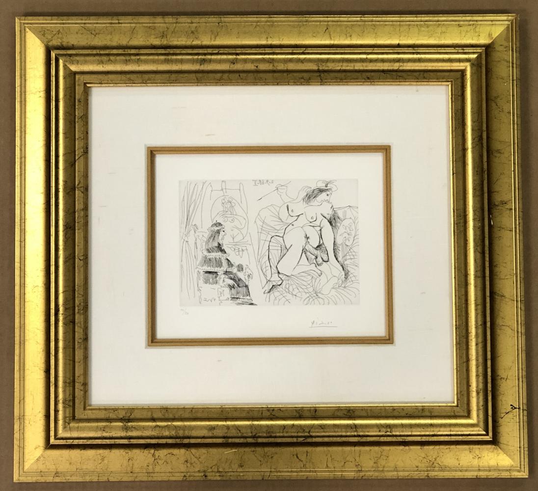 Pablo Picasso, Raphael Et La Fornarina XI: "Raphael et la Fornarina XI: Le Pape est bouche bee dans son fauteuil", 1968, from Series 347. Etching. Pencil signed lower right and pencil numbered lower left 11/50. Plate image size approx. 8" x 5-