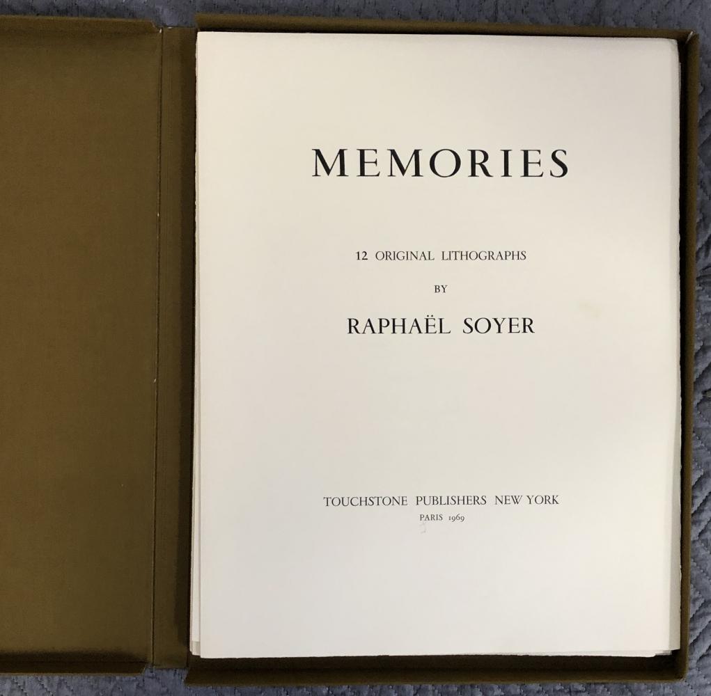 Raphael Soyer, Memories, Portfolio, 1969: Raphael Soyer (American 1899-1887), "Memories" portfolio in original clam shell box. This is one of a special deluxe editions of 25 with lithographs printed on both Rives paper and Japan Nacre, not to
