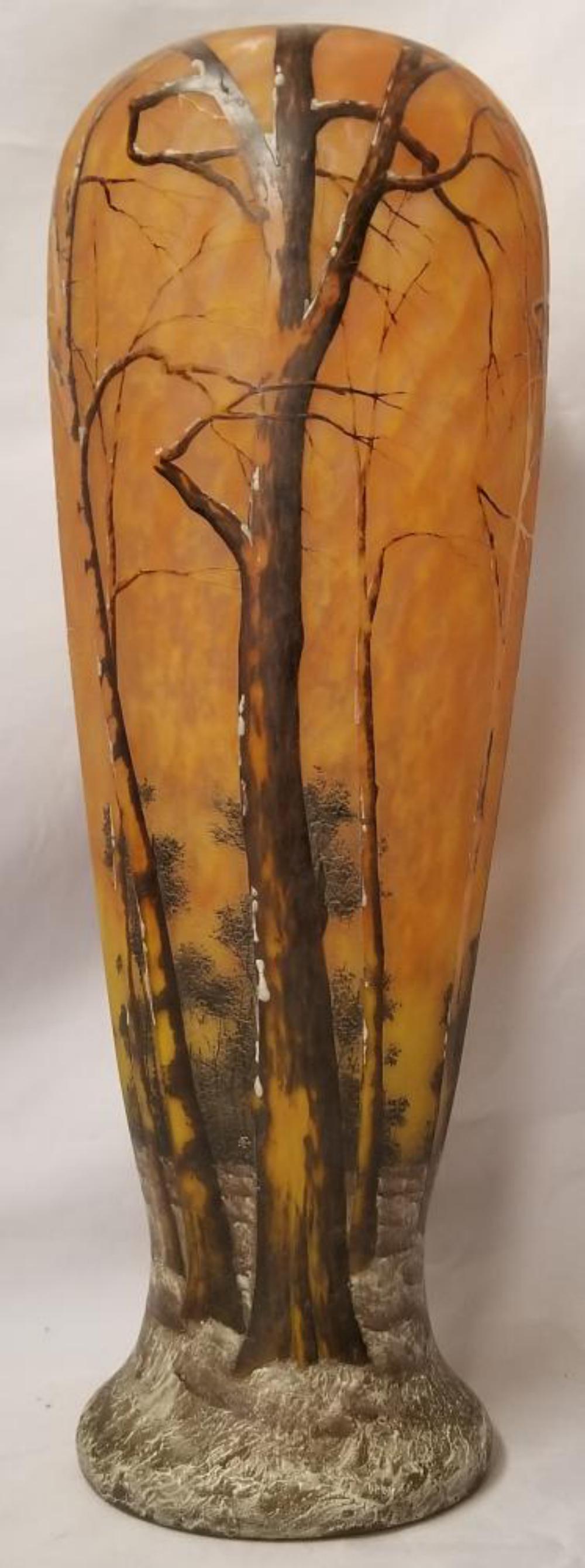 Daum Nancy Vase Winter Tree Scene: Beautiful Vase signed Daum Nancy on bottom. Measures approx. 5.5" in diameter and 16" in height. Vase shows no noticeable flaws.