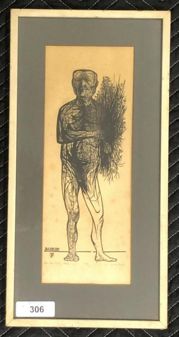 Leonard Baskin Woodcut, "Man with Spring Plants": Woodcut, limited edition 123/210. Pencil signed, numbered and titled along the bottom edge. Sight seen approx. 6" x 16", overall frame size approx. 11" x 21-1/2". Some light foxing spots to the image.