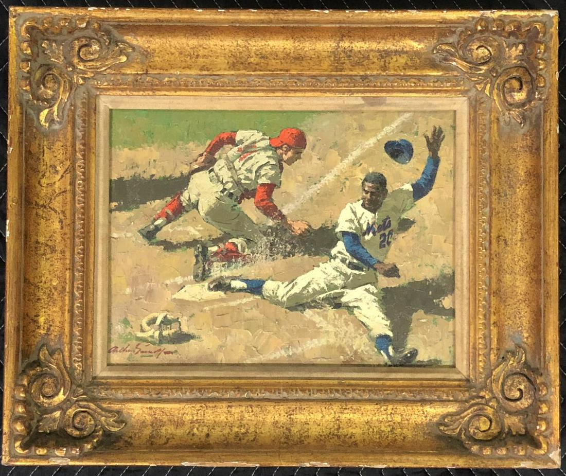 Arthur Sarnoff, Oil on Board "Aggressive Agee": Oil on canvas board by Arthur Sarnoff (1919-2000), titled "Aggressive Agee", featuring an image of the NY Mets outfielder Tommie Agee sliding at homeplate. Signed by the artist lower left. Sight seen 