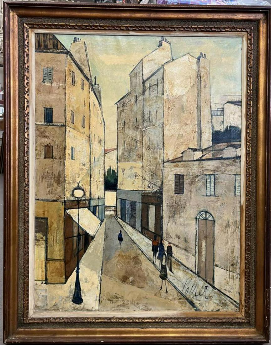 Charles Levier, Oil on Canvas "Ville Rue": Large oil on canvas painting by Charles Levier (1920-2003), titled on verso "Ville Rue", and also signed on vero Ch. Levier, and signed on the front at the lower right. Sight seen approx. 30" x 40", o