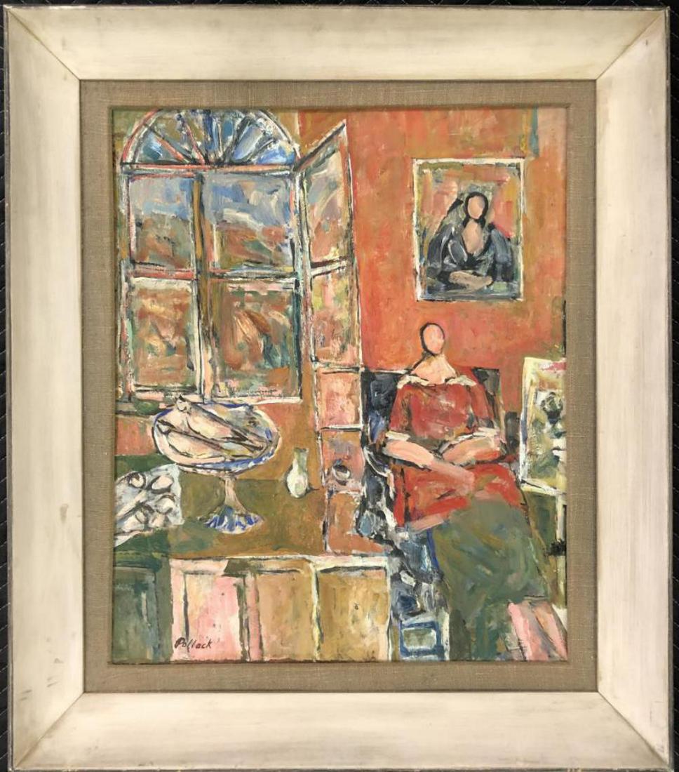 Reginald Pollack, "Figures in an Interior", Oil: Offered is an oil on masonite painting by Reginald Pollack (American, 1924-2001). Titled "figures in an interior", circa 1958. Signed lower left. Sight seen approx. 20-1/2" x 25", overall frame size a