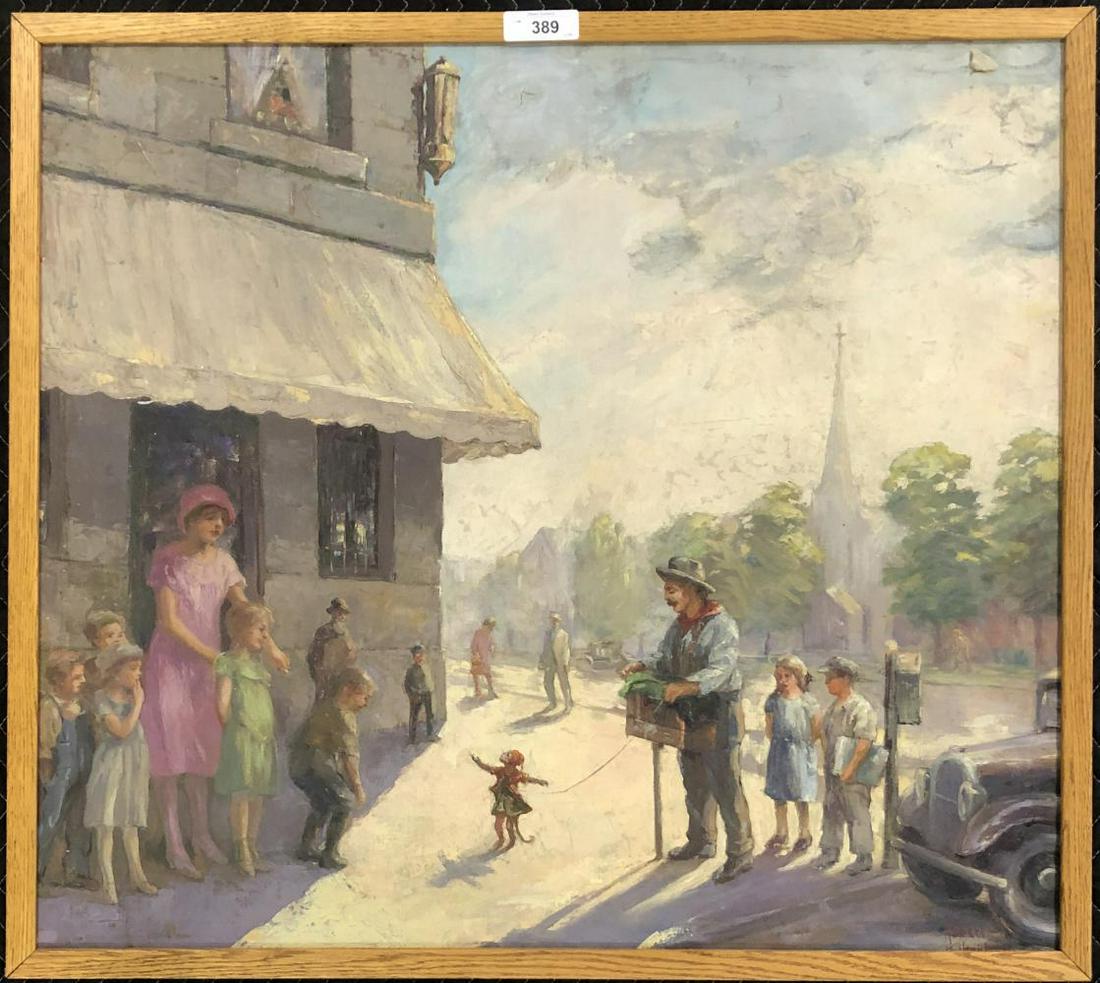 Robert P. Kilbert (1880 - 1945) Oil on Canvas.: Street Scene with Organ Grinder and Monkey. Signed Lower Right. 33" x 37". Small tear upper right not effecting any image area and easily repaired.