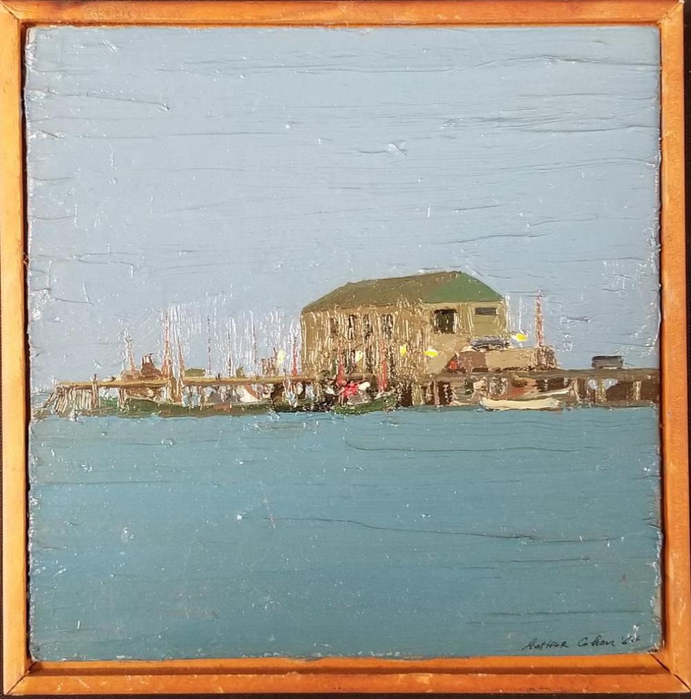 Arthur Cohen, Oil on Masonite, "Provincetown": Sight seen approx. 8" x 8". Signed and dated 1964 lower right. Signed and titled "MacMillan Wharf, Provincetown" on verso. This item was a gift to our consignor from the artist.